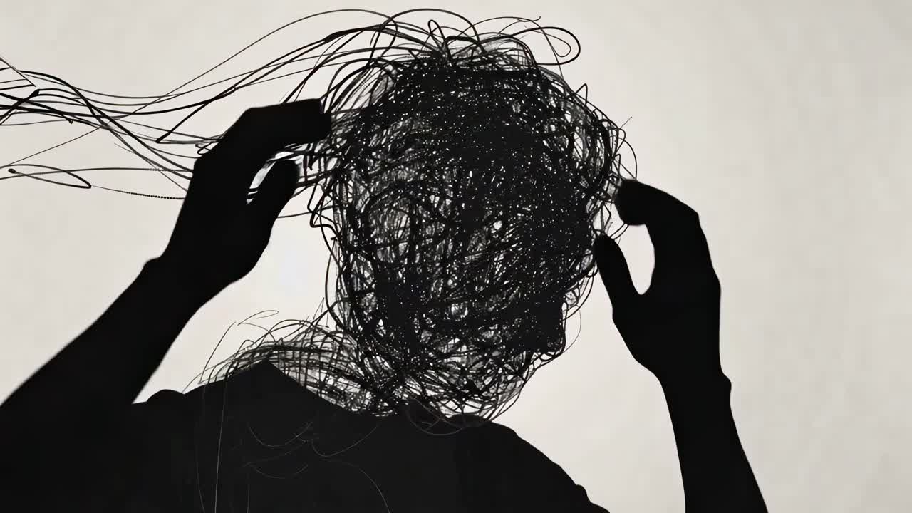 Silhouette of a person with tangled lines as hair, symbolizing mental chaos