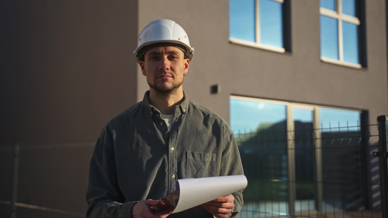 Construction worker with blueprint in front of building