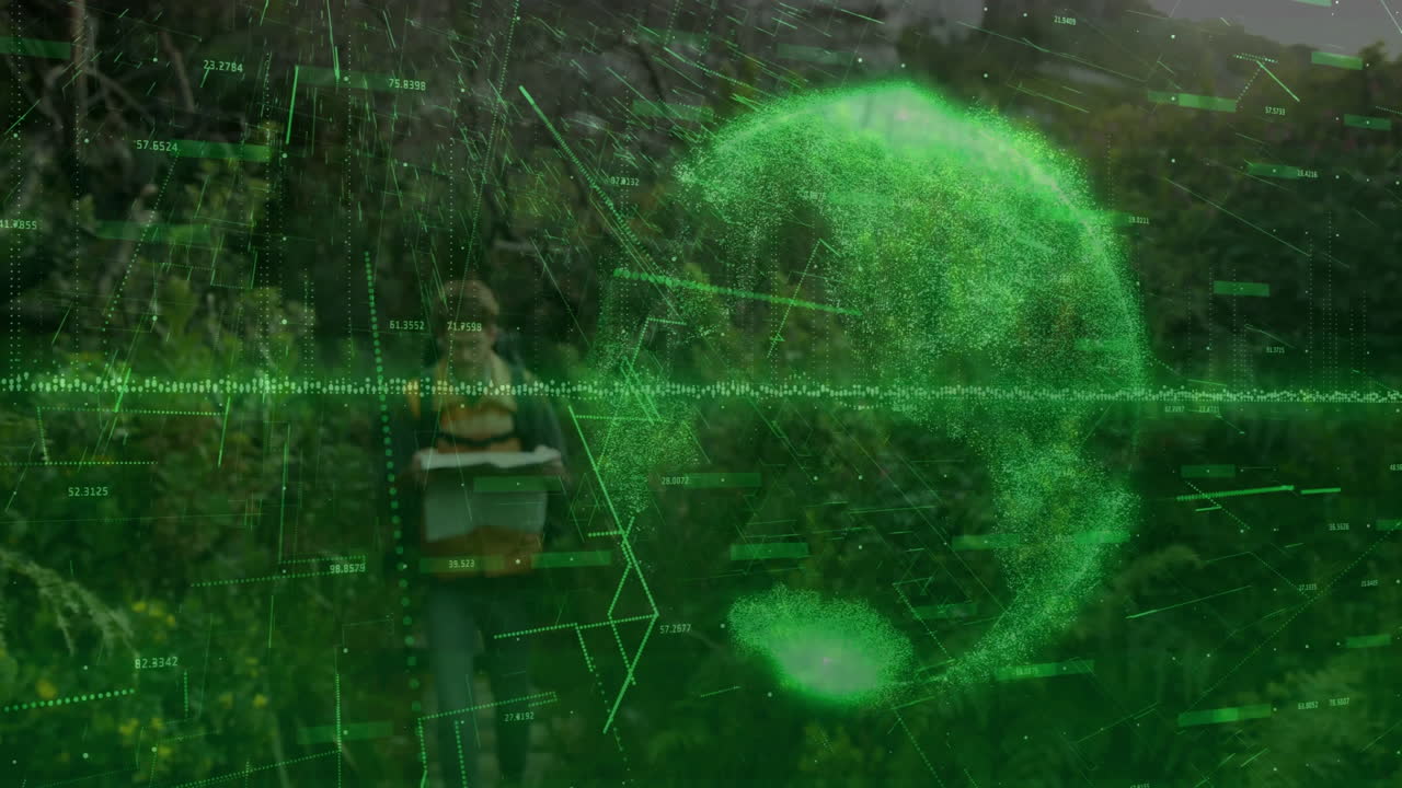 Courier riding bicycle along forest path, using logistics tech with hologram globe and data overlay