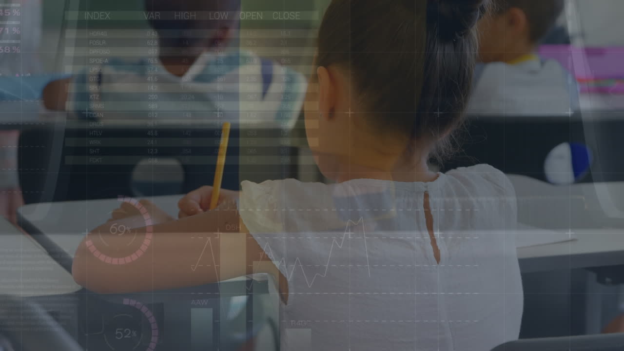 카우카시안 소녀와 클래스 박수를 통해 그래프와 금융 데이터의 애니메이션