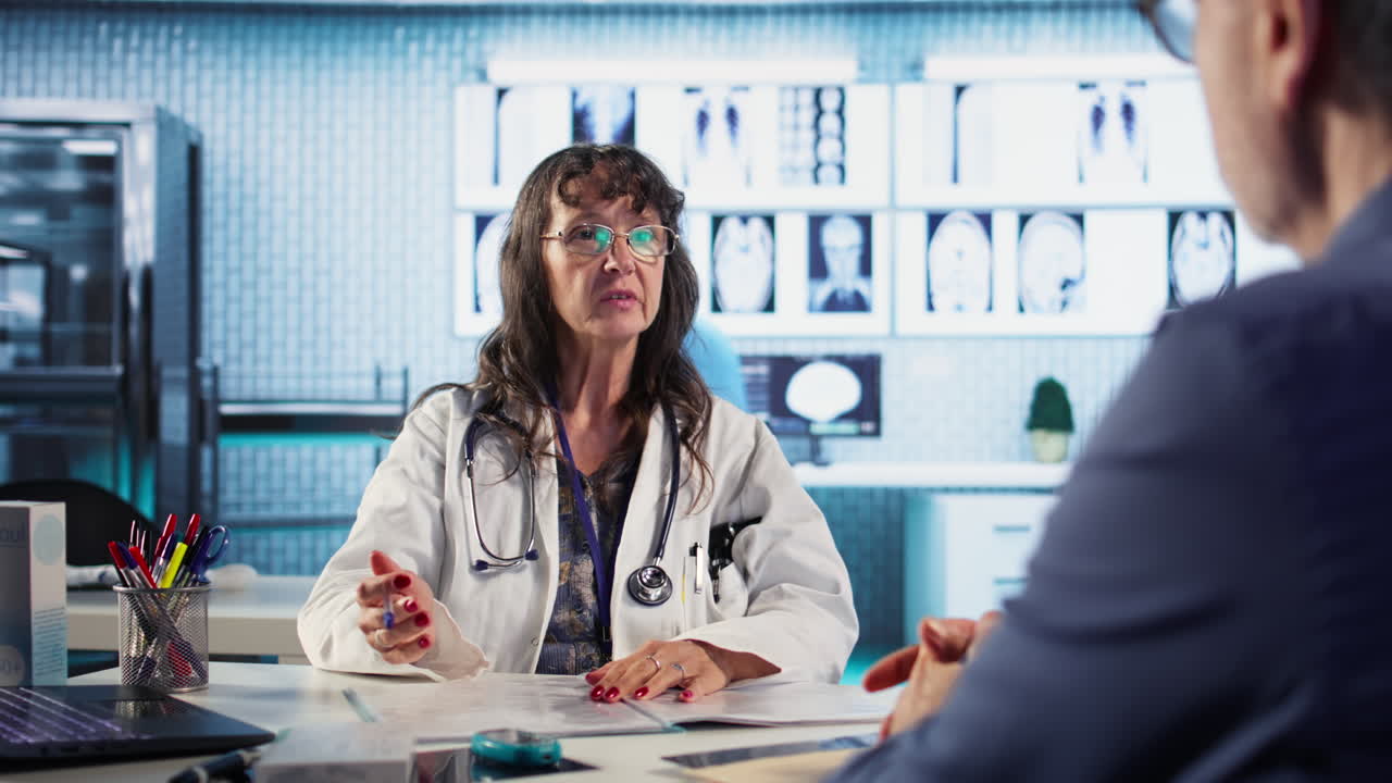 Vertical Video Senior doctor and patient discussing diagnostic results in modern medical office
