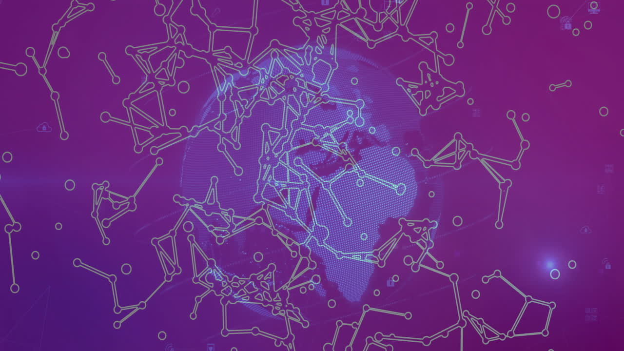 Abstract network being visualized over world map, featuring padlock and cloud icons in flat design