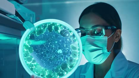 científico en el laboratorio examinando la placa de petri