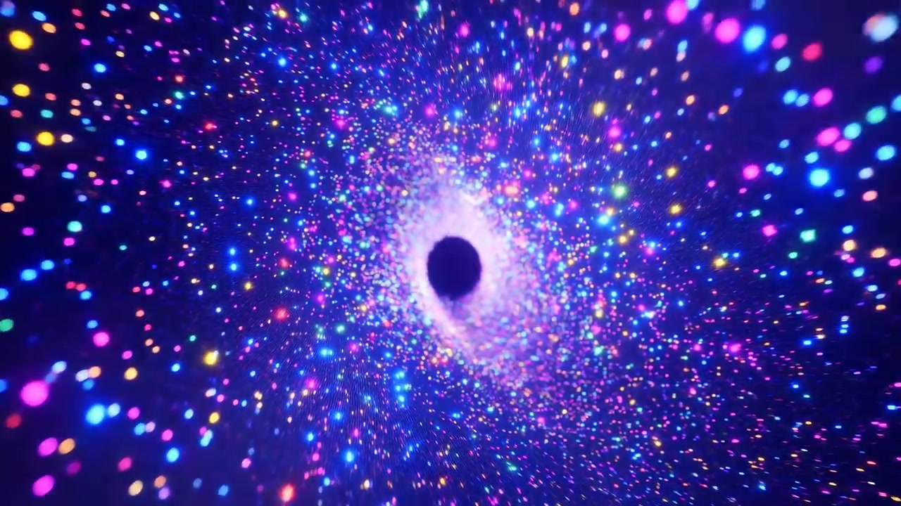 Panoramic motion scene of dense multicolored bokeh lights flowing outward from central dark circular void, creating immersive tunnel-like vortex with vivid halo, depth, glow, and radiant contrast