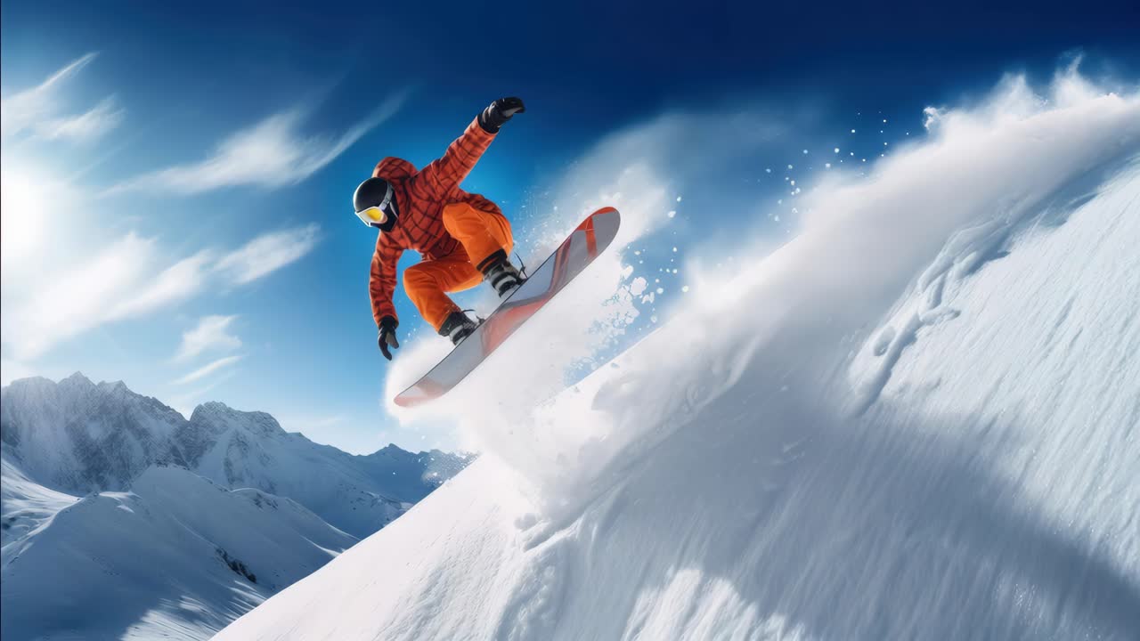 Video dinamico di uno snowboarder a mezz'aria, ripreso da un angolo basso con uno sfondo