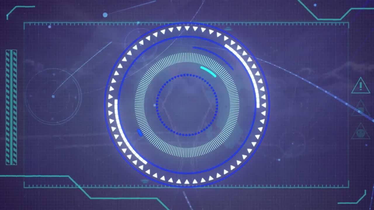 Animation of interface with round scanner and network of connections against clouds in the sky