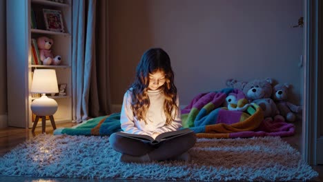 niña leyendo un libro por la noche en su dormitorio con letras flotantes