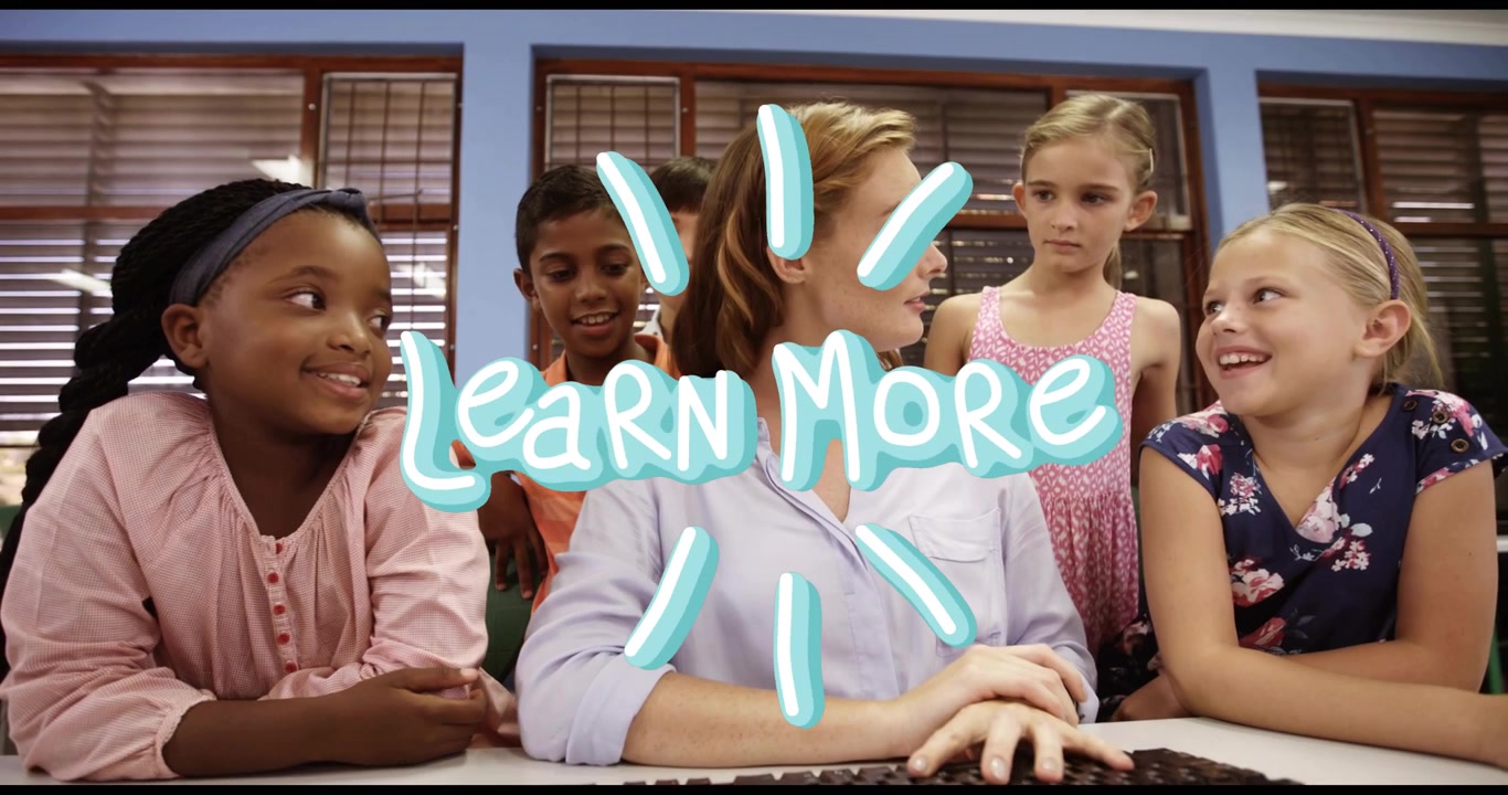 Instructor moving hands to keyboard teaching kids for learning with Learn More overlay over group