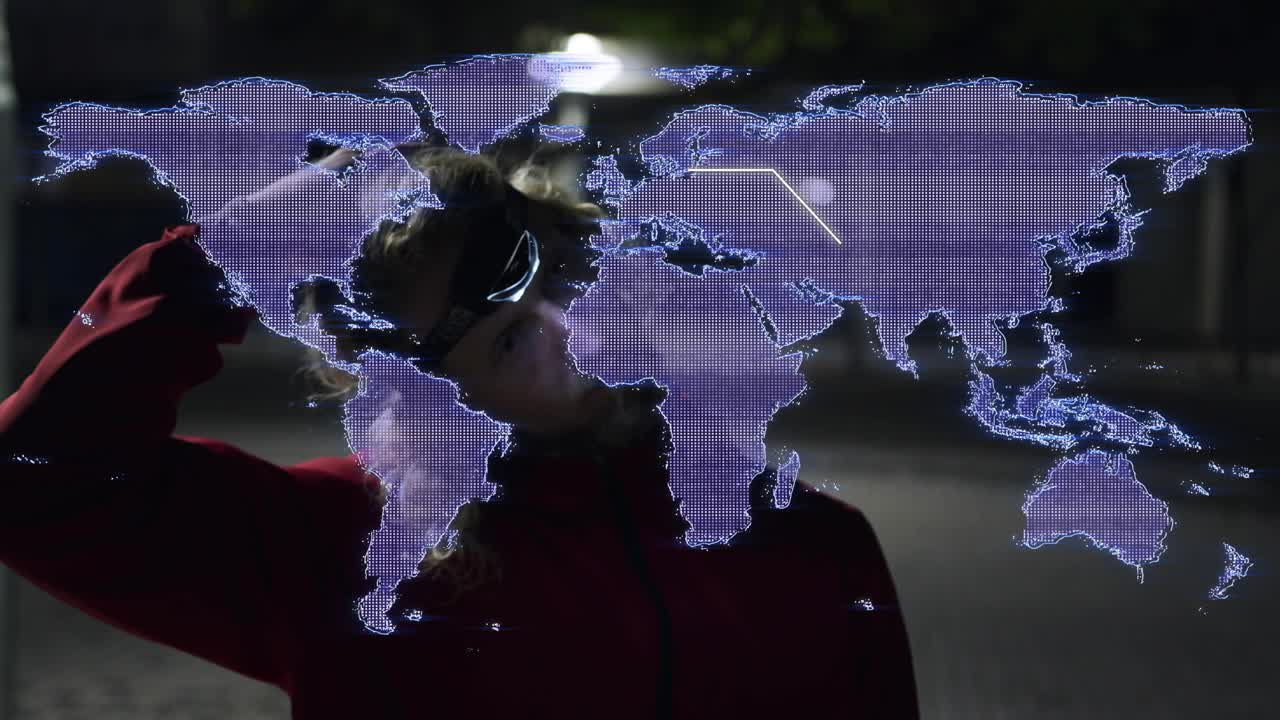 Man raising arm, tilting head, bringing purple map over man with plane tracking Asia for logistics