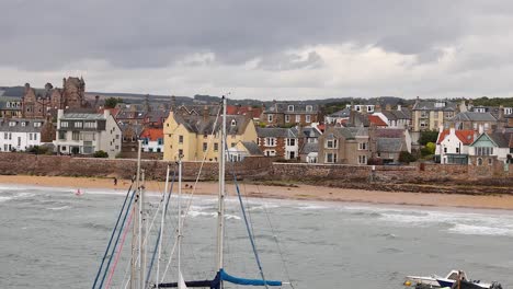 cars passing by docked boats in elie, fife