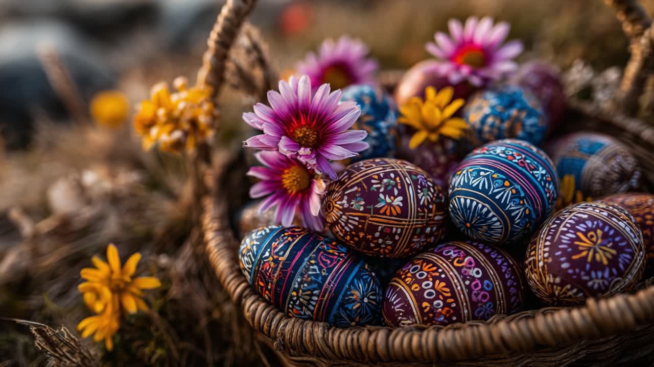 Una vivace collezione di uova di Pasqua splendidamente decorate, adagiate in un cesto e circondate da fiori colorati in un ambiente naturale all'aperto.