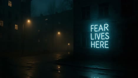 neon sign illuminating dark street scene with fog, conveying a haunting atmosphere of fear