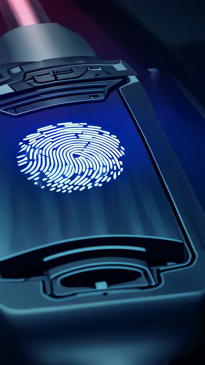 Vertical video: Panning camera showing fingerprint sensor module to demo hardware, blue pink light