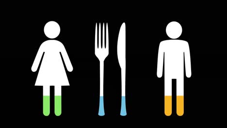 male and female and knife with fork filling up with colours 4k