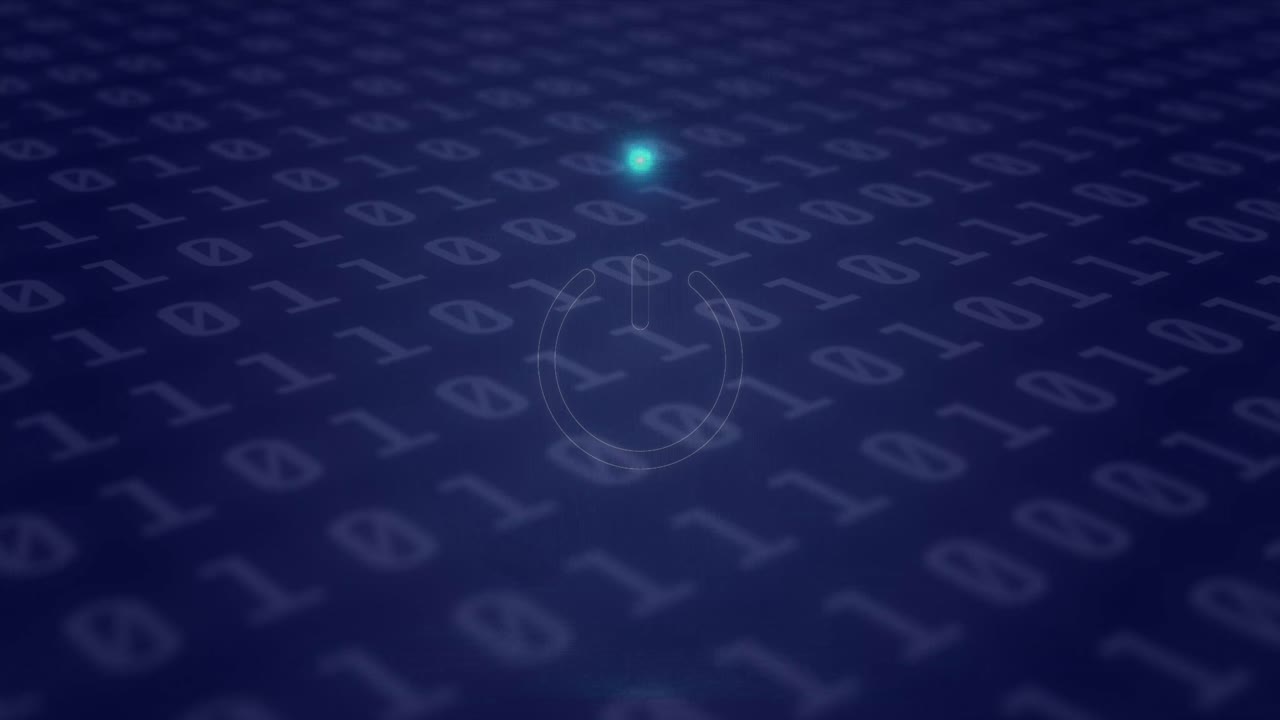 animación de círculo de neón con poder sobre código binario en pantalla digital
