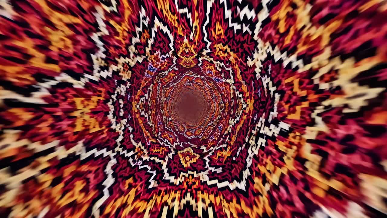 Dynamic spiral motion sequence showcasing vibrant patterns and colors, creating a mesmerizing visual flow through a tunnel-like design with depth and energy