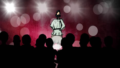 animation of fashion drawing of model on catwalk at fashion show, on red background