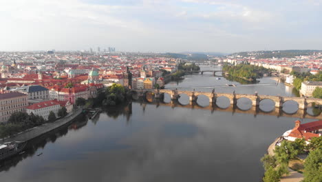 Aerial-view-to-Vltava-river-and-Charles-Bridge,-Prague,-Czech-Republic