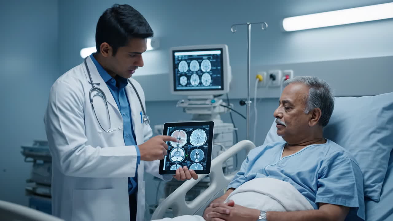 Medico che spiega scansioni mediche a un paziente su tablet in ospedale