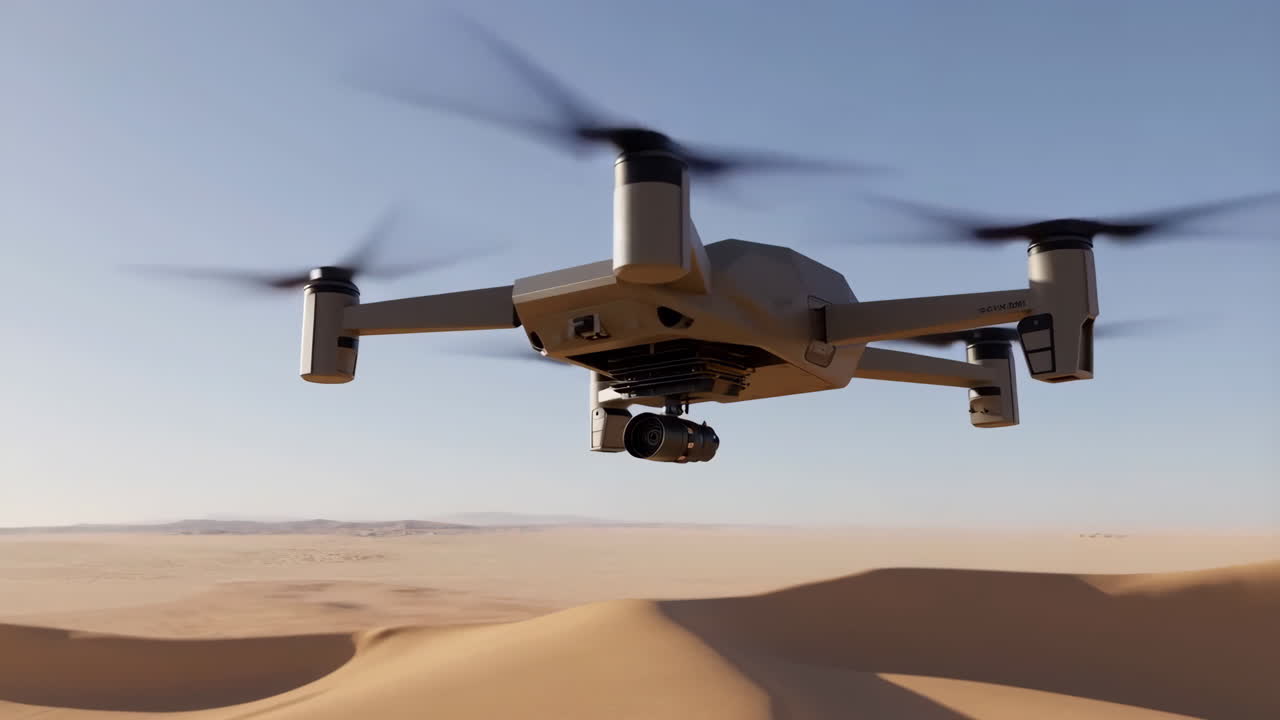 Drone flying over desert sand dunes