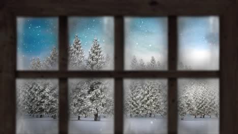 Animation-of-snow-falling-over-trees-and-winter-scenery-seen-through-window