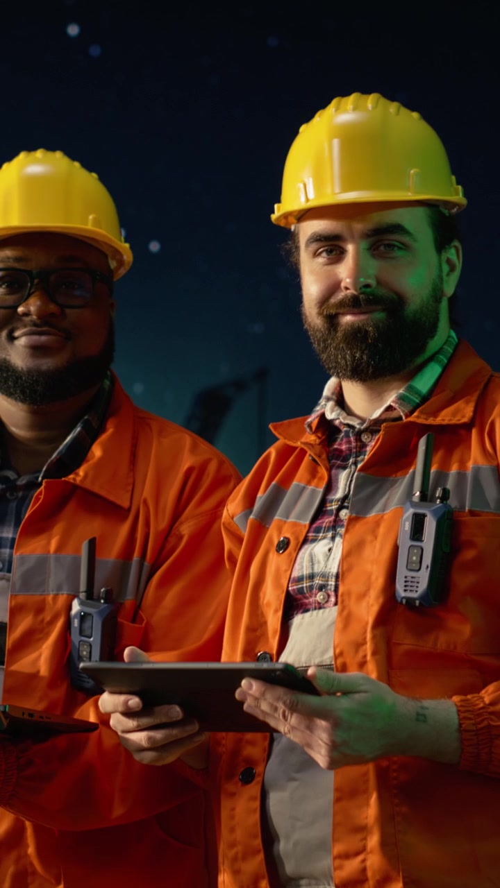 Vertical video Monitoring fuel shortages, embargo and smiling offshore platform coworkers