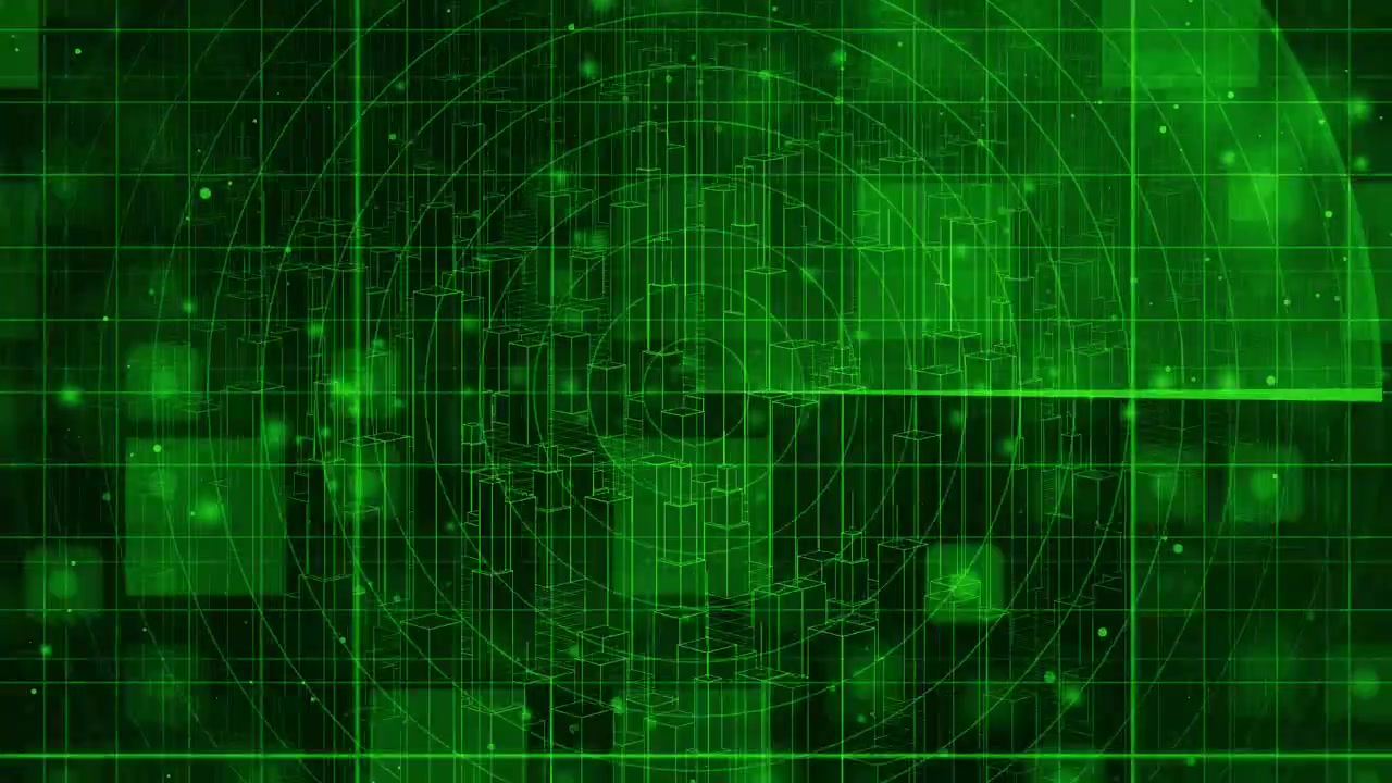 futuristic green digital cityscape rotates with isometric precision, real-time radar scanning, security, surveillance and data visualization