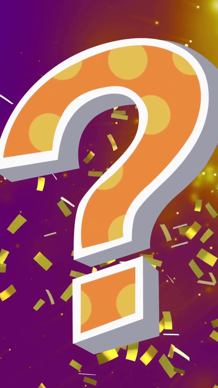 Animation of confetti and light spots over question mark on purple background