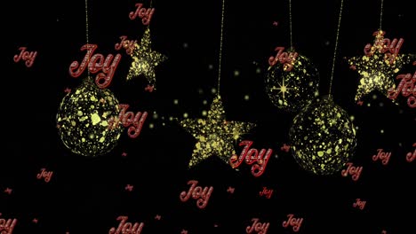 animation of repeated joy text in red with gold stars and christmas baubles on black background