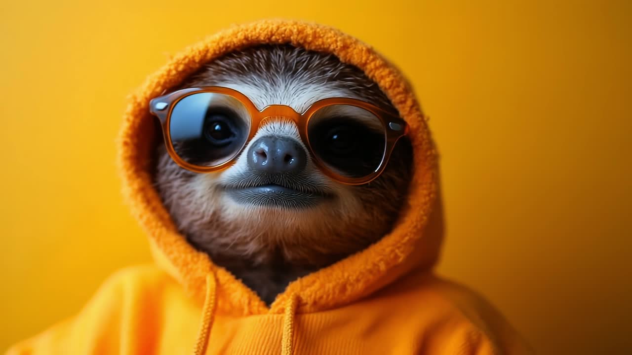 Sunglass-wearing sloth smiles. A sloth dressed in an orange hoodie and sunglasses poses against a bright yellow background.