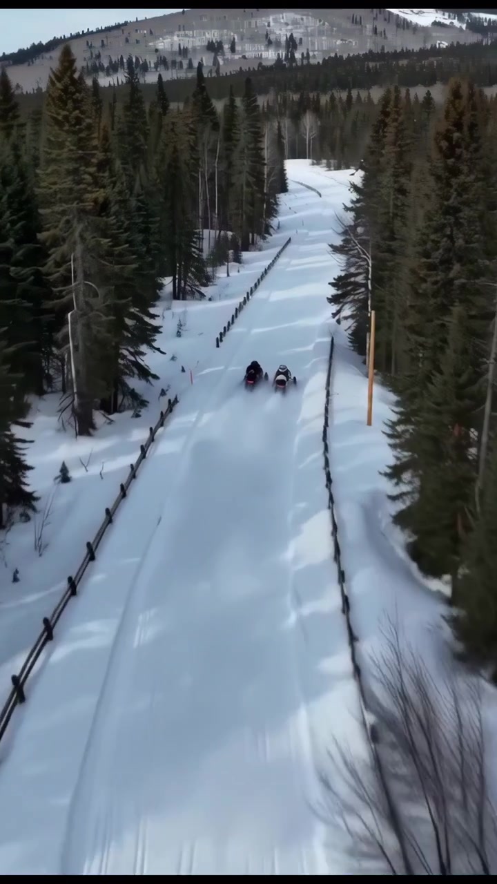 Vista aerea di due veicoli da neve che si muovono lungo un sentiero innevato tortuoso attraverso una fitta foresta di conifere, con montagne in lontananza e una luce diurna soffusa sul paesaggio.