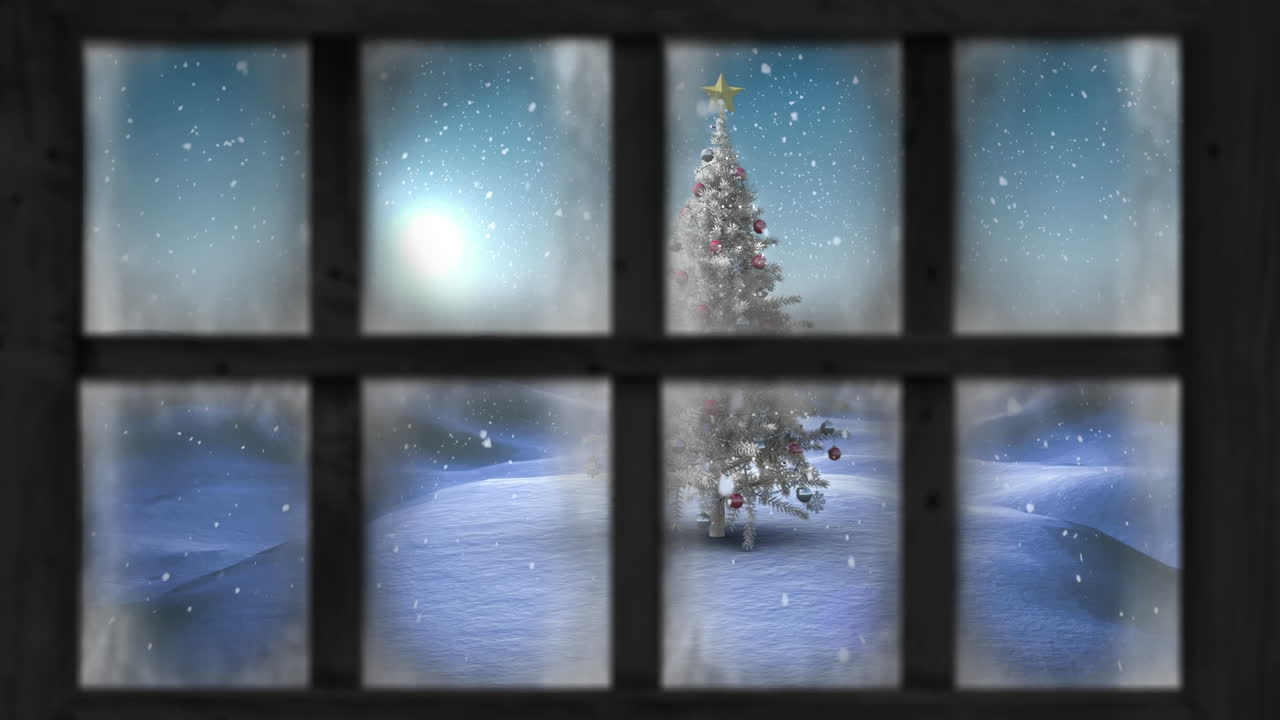 animation of window view of christmas tree and winter landscape | freepik