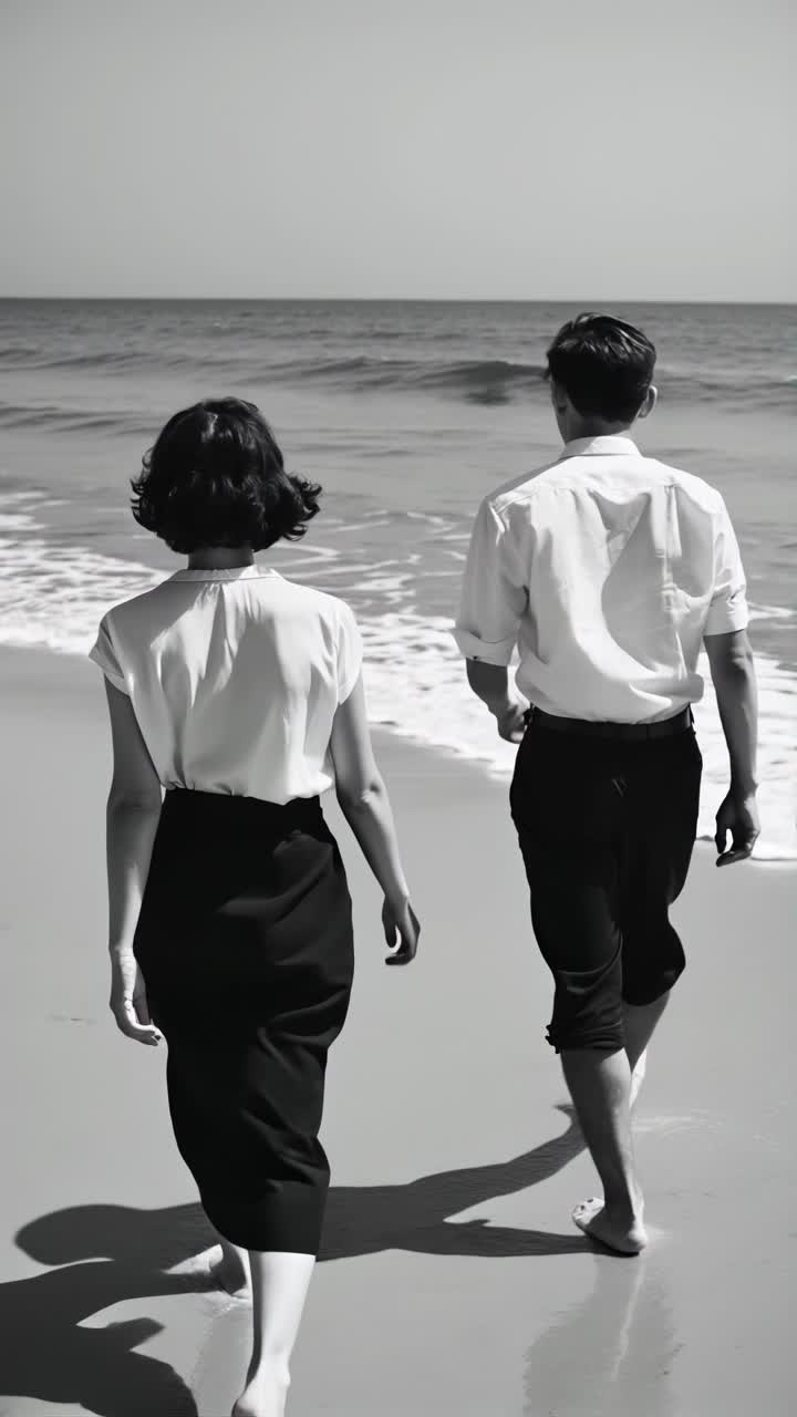 Black and white video concept with a rear view angle of a couple walking on the beach