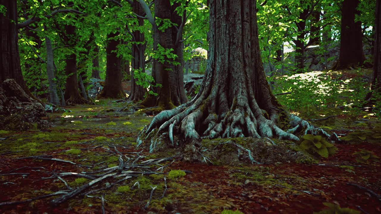 Lush forest with ancient trees and vibrant greenery in a serene setting