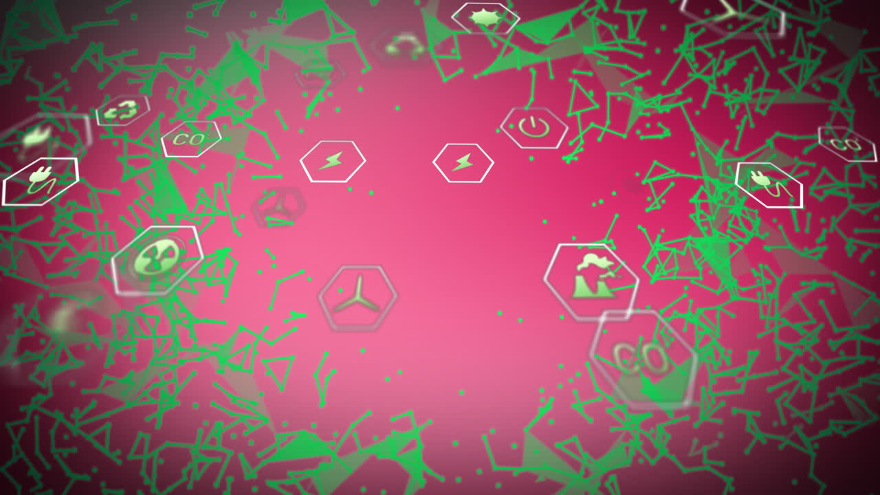 Green geometric shapes and energy icons over pink background animation