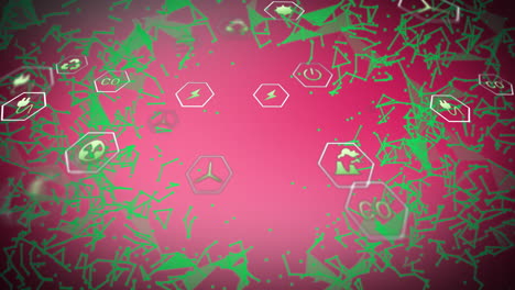 green geometric shapes and energy icons over pink background animation