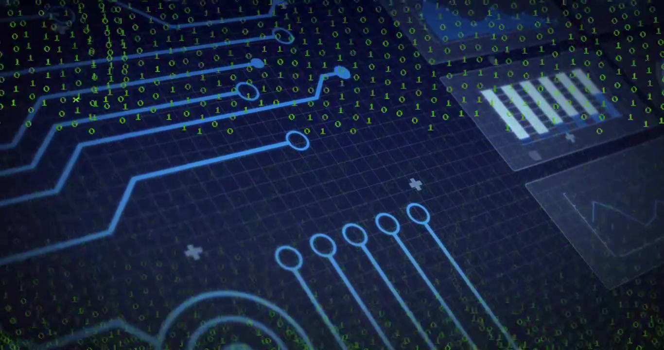 Light-blue traces fading starting binary digits cascading swirling across grid showing data flow