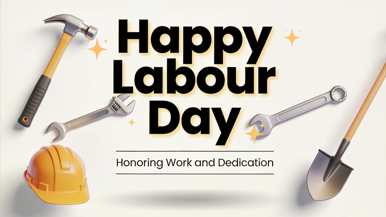 Opening card animation showing Happy Labour Day headline and subtitle honoring work, tools moving