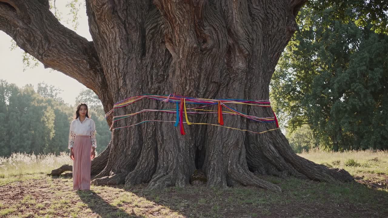 Woman stands beside a majestic tree adorned with colorful ribbons, capturing a serene moment in nature, showcasing the beauty of connection and reflection in a tranquil setting