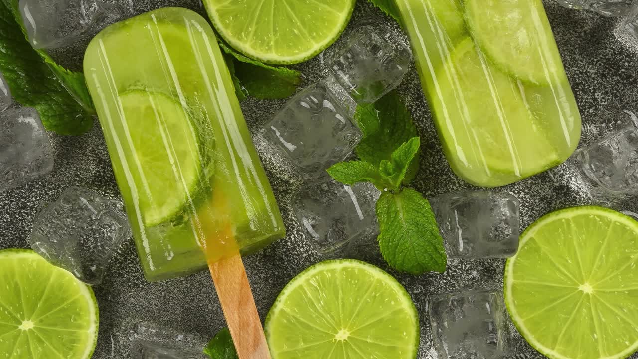 테이블 위 에 냉동 된 라임 과 민트 아이스 팝시클