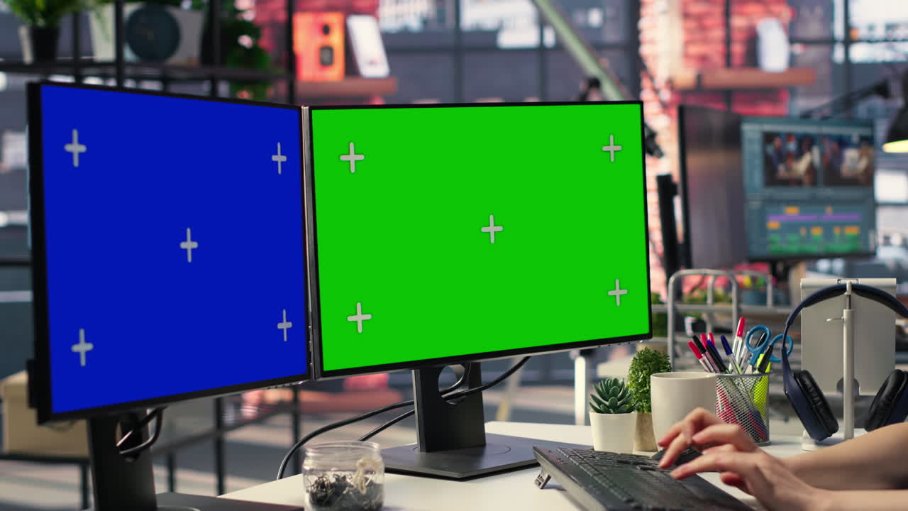 Professional woman works at modern workspace using green screen