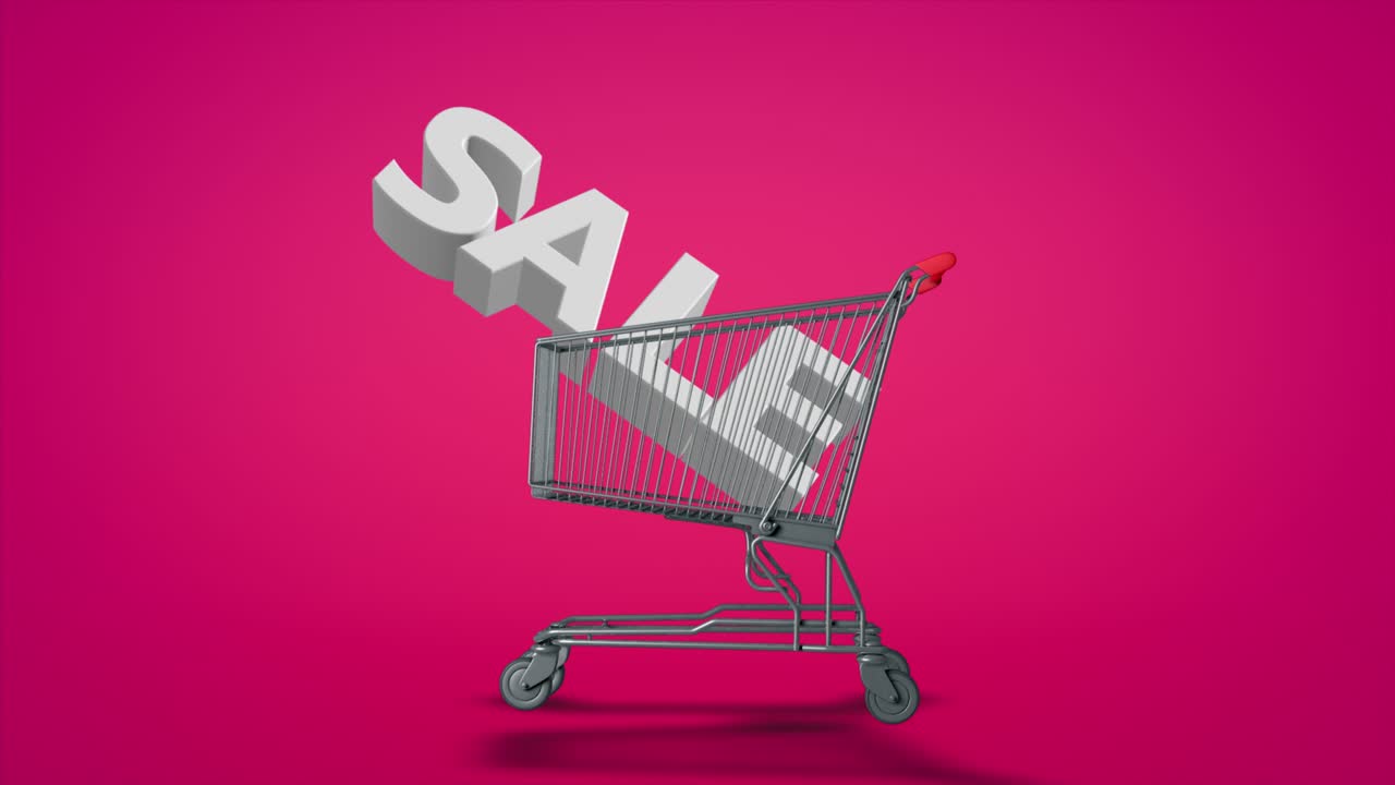 Shopping cart and sale text animation advertisement.