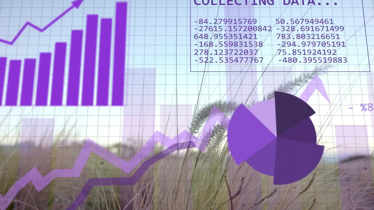 Vertical video: Dune grasses staying still while grid appearing, starting analytics, charts rising