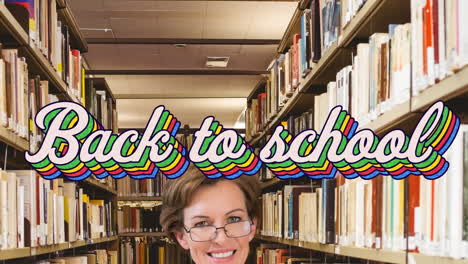 animation of back to school text over teacher in library