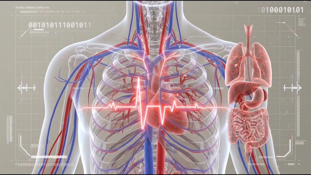 Transparent chest with glowing cardiovascular system and anatomical organ inset