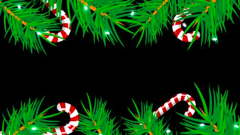 christmas frame on black background. abstract backdrop with brunch trees, candys and lights
