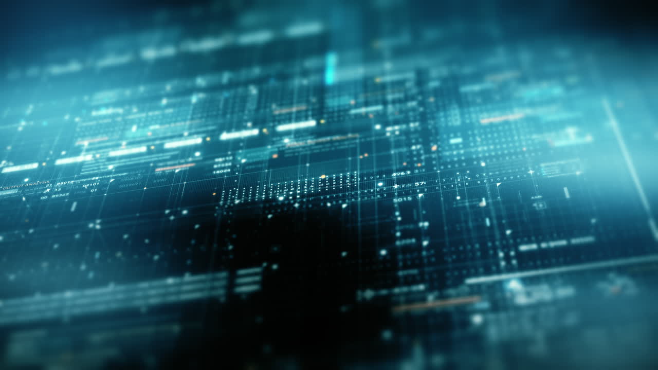 Advance data matrix, telemetry and encrypt numbers simulation user interface display in cyber space abstract de-focus environment background