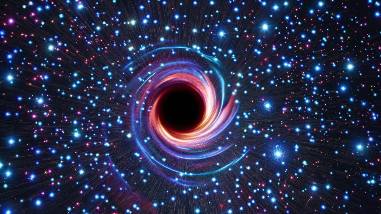A cosmic video scene of a swirling black hole with colorful light trails and stars