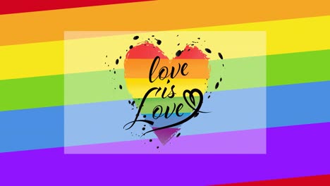 animation of love is love text with heart over rainbow stripes