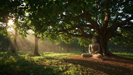 buddha meditating under a large tree in a lush forest